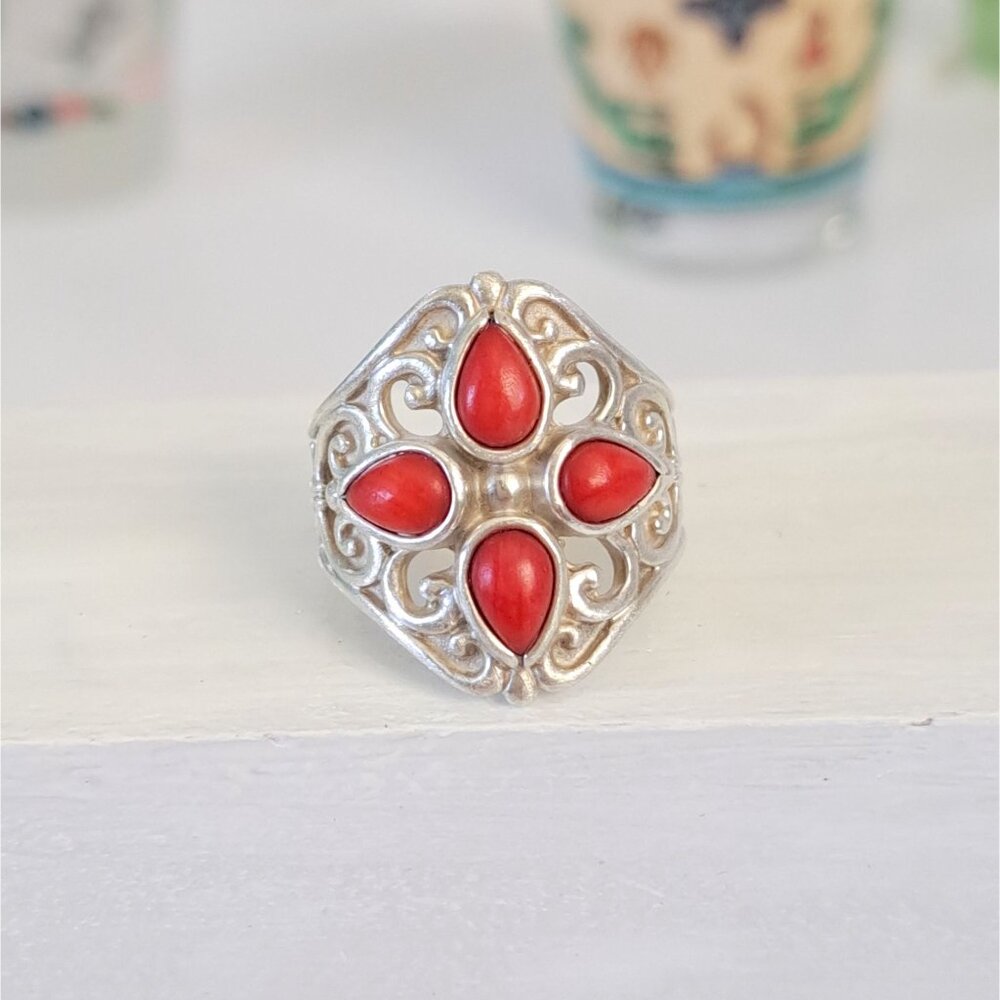 Vintage Coral Cluster Southwestern Filigree Sterling Ring by Artist Carolyn Poll - Picture 13 of 15